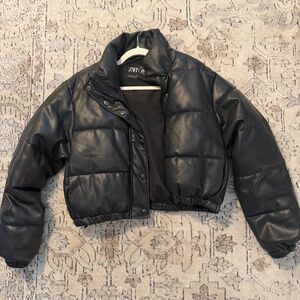 Zara Cropped Vegan Leather Black Puffer